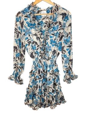 MISA Los Angeles Floral Ruffle Mini Dress Smocked Waist Blue Cream S